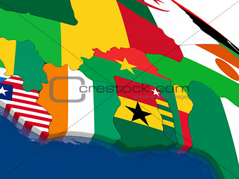 Ivory Coast, Ghana and Burkina Faso on 3D map with flags
