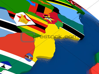 Mozambique and Zimbabwe on 3D map with flags