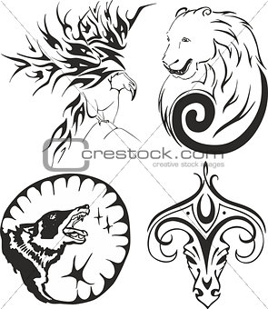 Tattoo set with eagle, bear, wolf and ram