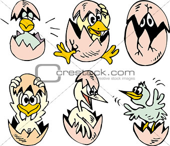 Set of cute nestlings hatching out the eggs
