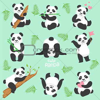 Cute Panda Character In Different Situations Set