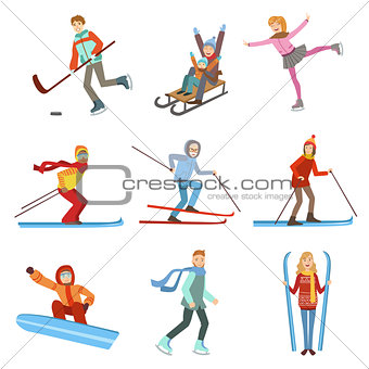 People Doing Winter Sports Illustration Set
