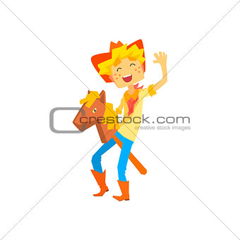 Boy In Cowboy Costume Riding Toy Horse Head On A Stick