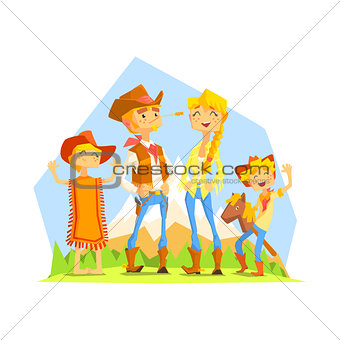 Family Dressed As Cowboys With Mountain Landscape On Background