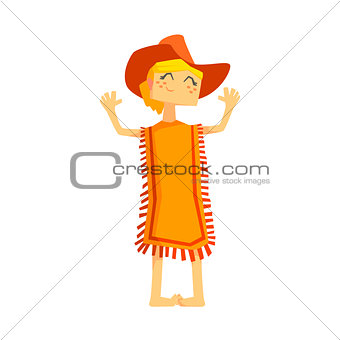 Little Barefoot Girl Wearing A Poncho And Cowboy Hat