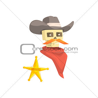 Dead Sheriff Head And Star Pin Drawing Isolated On White Background