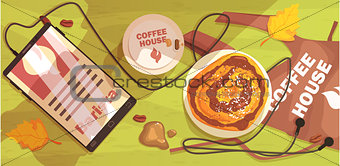 Coffee Shop Table Outdoors With Barista Apron, Smartphone And Cappuccino