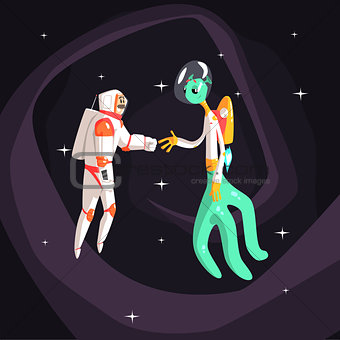 Man Astronaut Shaking Hands With Green Male Alien