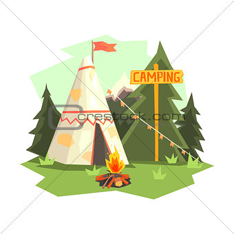 Camping Place With Bonfire, Wigwam And Forest