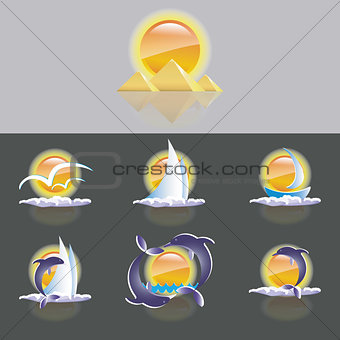 set of silhouette of the sun,dolphins,sea and sailboat