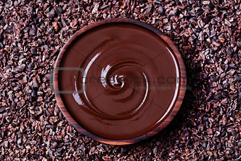 Bowl of melted chocolate on a crushed cocoa beans