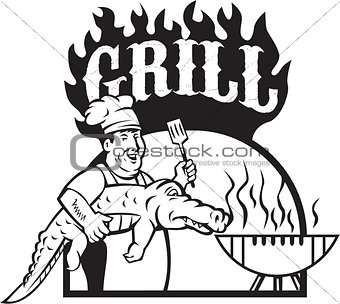 Chef Carry Alligator Grill Cartoon