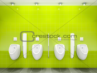 a green public restroom with four urinals 