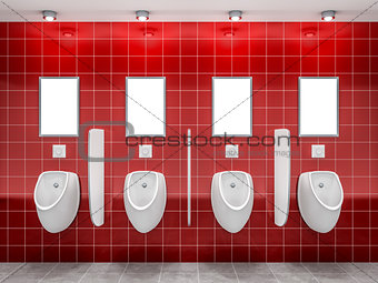 a red public restroom with four urinals 
