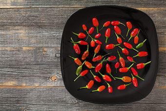 Red and green hot peppers on a black plate in style  rustic