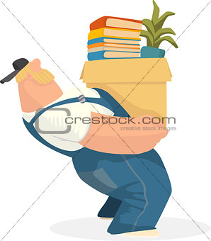 Working man carries a box of books and potted plant EPS 10