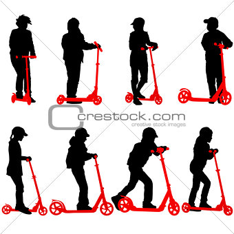 Set of silhouettes of children riding on scooters. Vector illust