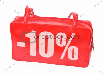 red leather handbag with -10% sign