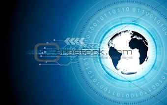 Blue tech background with globe and binary code