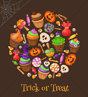 Trick or Treat. Traditional sweets and candies for holiday Halloween. Halloween candies isolated on background. Retro cartoon style vector illustration.