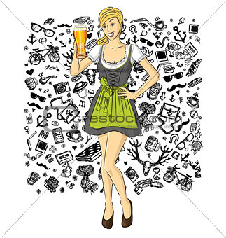 Vector Cute Woman In Drindl On Oktoberfest