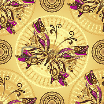 Seamless gold pattern with vintage butterflies 