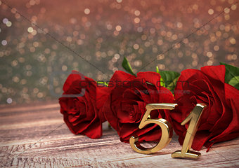 birthday concept with red roses on wooden desk. fifty-first . 51st. 3D render