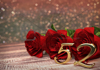 birthday concept with red roses on wooden desk. fifty-second. 52nd. 3D render