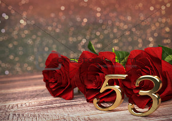 birthday concept with red roses on wooden desk. fifty-third . 53rd. 3D render