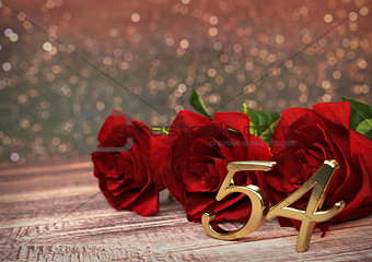 birthday concept with red roses on wooden desk. fifty-fourth . 54th. 3D render