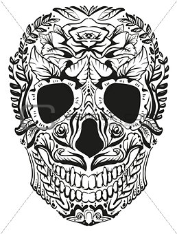 Black and white decoration human skull. Day of Dead