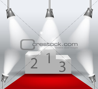illuminated winners podium isolated with red carpet on grey background