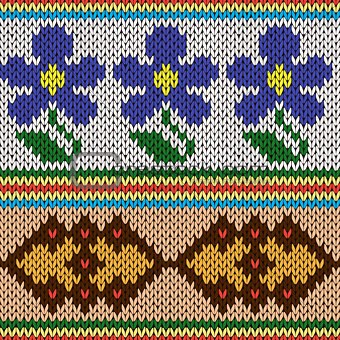Knitting ornate seamless colourful pattern with blue flowers