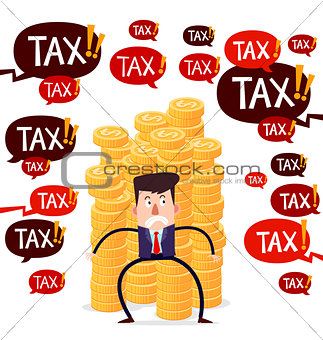successful businessman guarding stack of gold coins from tax menace