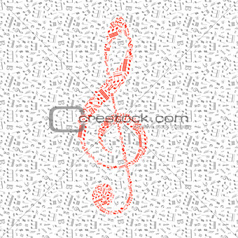 Red treble clef sign made up from music notes