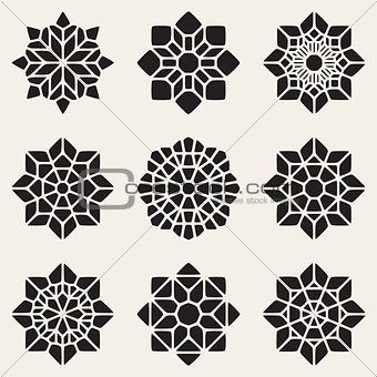 Set of Nine Black Vector Decorative Mandala Ornaments Illustration