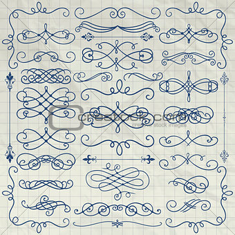 Vintage Pen Drawing Swirls Collection on Crumpled Paper