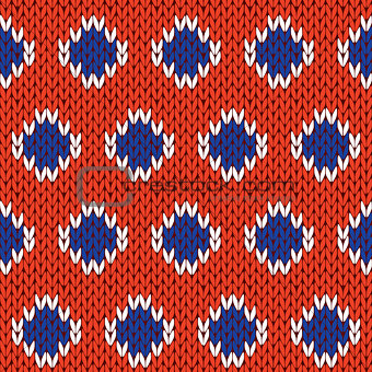 Knitting seamless pattern in blue, white and orange colors