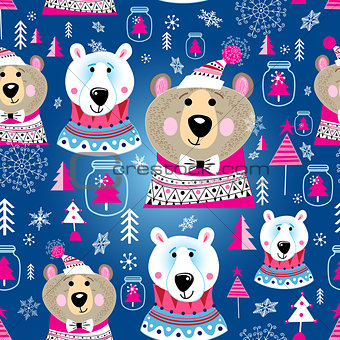 Christmas pattern with portraits of bears