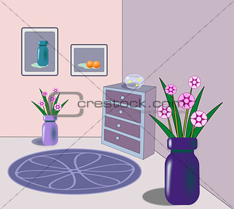Interior with goldfish bowl and flowers.