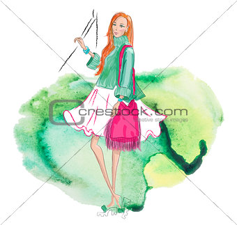 Girl in beautiful and romantic outfit on watercolor background