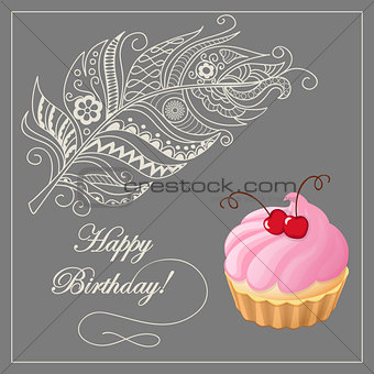birthday card with merinque cake, cherry and feather