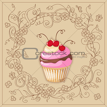 cupcake with cherry on the boho background