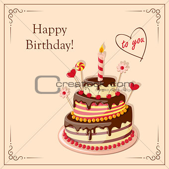 birthday card with cake tier, candle, cherry, candy and text