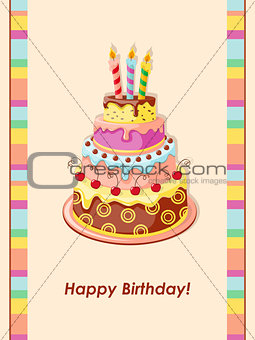 birthday card with cake tier, candles and cherry