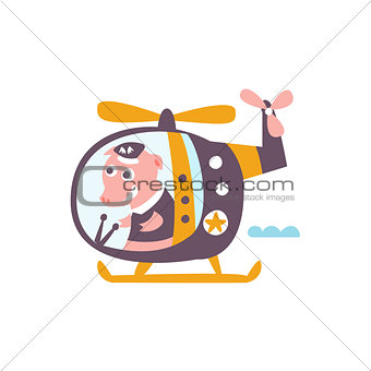 Pig Driving A Helicopter Stylized Fantastic Illustration