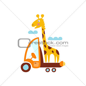 Giraffe On Trailer Of The Truck Stylized Fantastic Illustration
