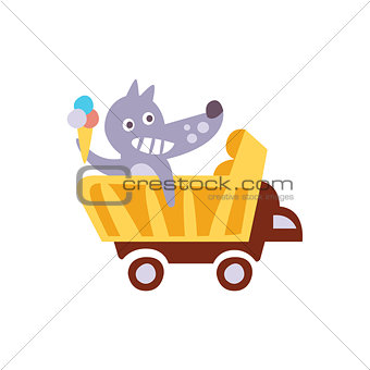 Wolf Riding A Wagon Holding Ice-cream Stylized Fantastic Illustration