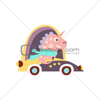 Unicorn In Racing Car Stylized Fantastic Illustration