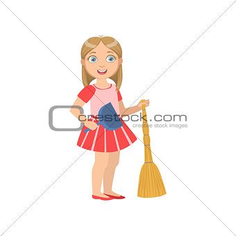 Girl Holding The Broom And Duster